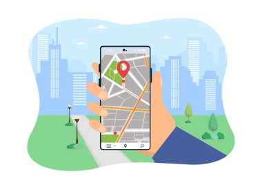 Navigasyon uygulaması ile el ele tutuşan cep telefonu