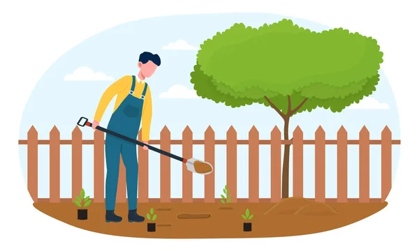 Фермер працює в саду з лопатою. — стоковий вектор