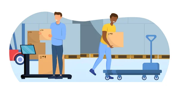 Ouvriers d'entrepôt chargeant et empilant des marchandises — Image vectorielle