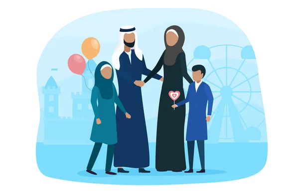 Μουσουλμανική οικογένεια περπατά με παιδί στο λούνα παρκ — Διανυσματικό Αρχείο