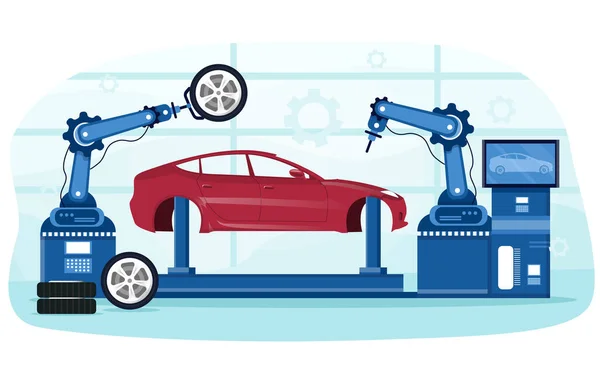 Proceso detallado de producción automatizada de automóviles — Archivo Imágenes Vectoriales