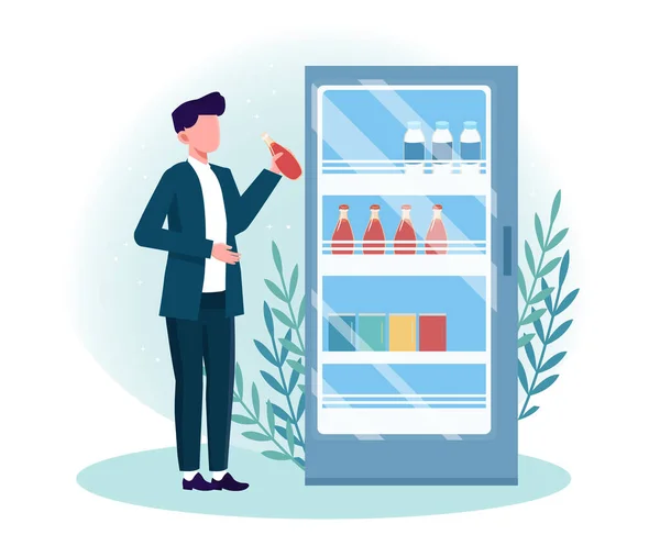Uomo ottenere bevanda fredda dal frigorifero — Vettoriale Stock