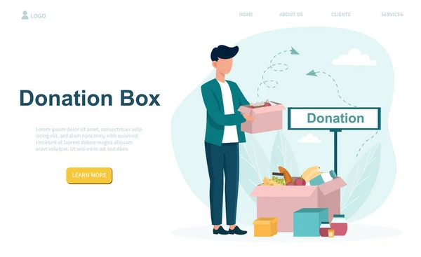 Man vullen kartonnen donatie doos met voedsel — Stockvector