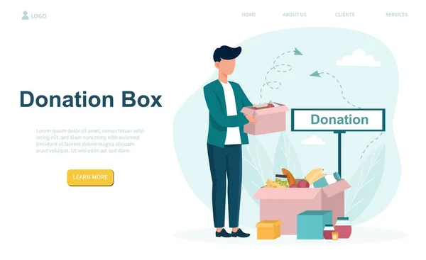 Man fyller kartong donationslåda med mat — Stock vektor