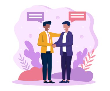 İki çok ırklı erkek karakter el sıkışıyor.