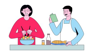 Aşçılar sofrada yemek, yemek, yemek pişirir.