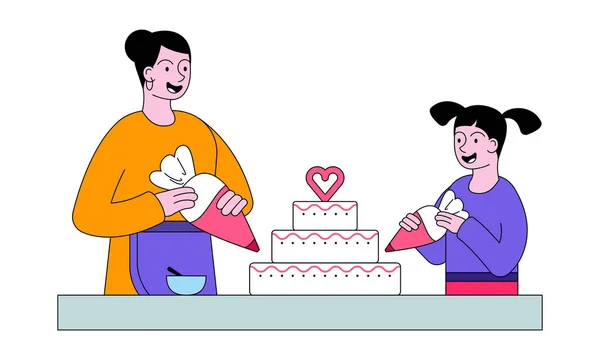 Anya és lánya születésnapi tortát főz — Stock Vector
