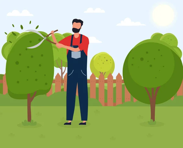 Homme à tout faire couper l'arbre avec cisailles de jardin — Image vectorielle