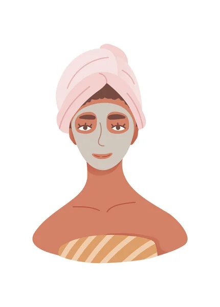 Mujer con mascarilla, máscara de barro, máscara facial — Vector de stock