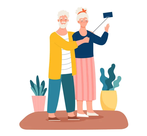 Пожилая пара делает селфи на смартфоне — стоковый вектор