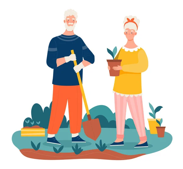 Älteres Ehepaar pflanzt Pflanze auf Garten — Stockvektor