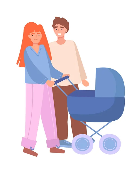 Родители матери и отца, гуляющие с коляской — стоковый вектор