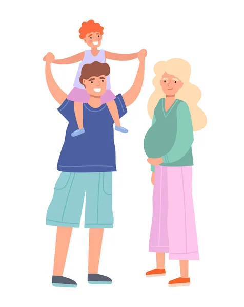 Familia de padre, hijo y madre embarazada caminando — Vector de stock