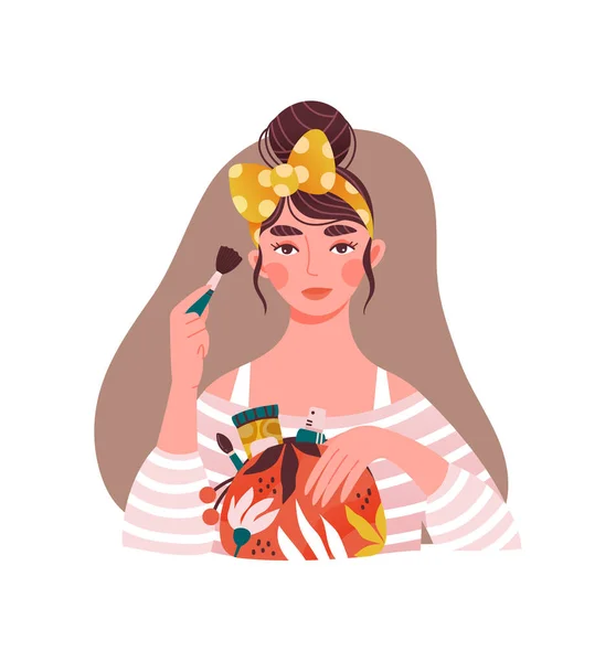Schöne kaukasische Mädchen mit gelben Schleife-Knoten und Tasche voller Kosmetik Make-up — Stockvektor