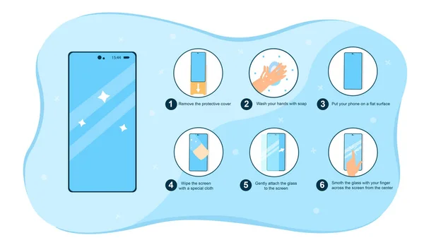 Instruktion för hur du sätter en skärm glasskydd på smartphon — Stock vektor