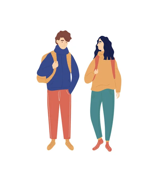Jeune homme caucasien et femme avec des sacs à dos voyagent ensemble — Image vectorielle