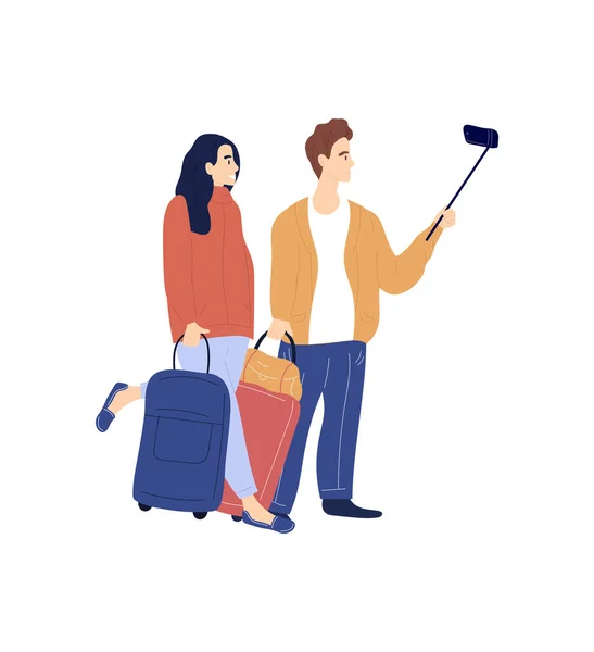 Bavullu genç beyaz adam ve kadın monopod ile selfie çekiyorlar. — Stok Vektör