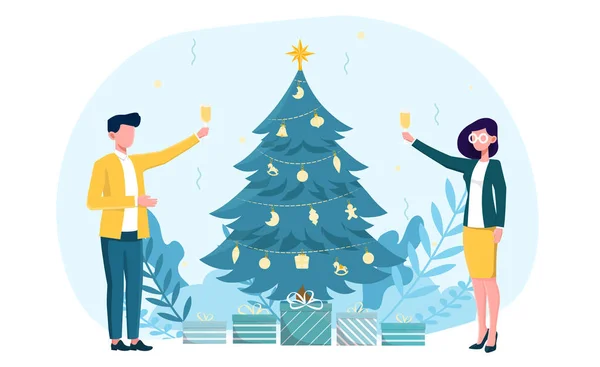 Kafkasyalı çift Noel ağacının yanında şampanya içiyor.. — Stok Vektör