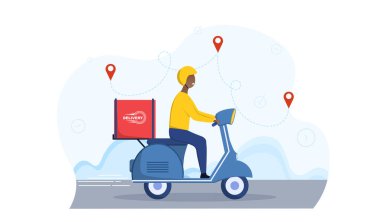 Teslimatçı büyük çantalı scooter kullanıyor.