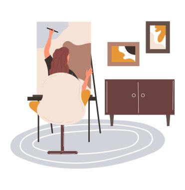 Esmer kadın karakter koltukta oturuyor ve evde resim çiziyor.