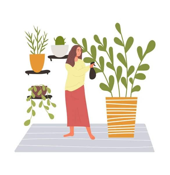 Girl watering house plants in urban home garden. — Stock Vector