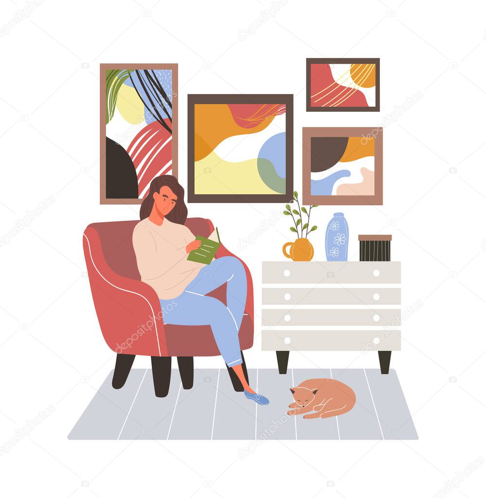 Brunette female character sitting in armchair reading book at home with cat sleeping nearby
