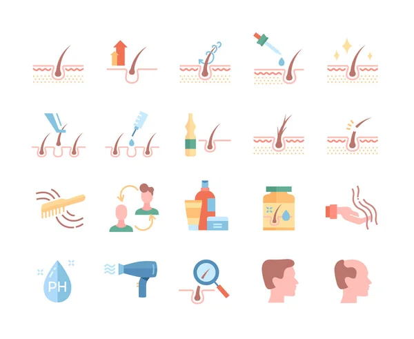 Hair loss treatment colored flat line icons set — 스톡 벡터