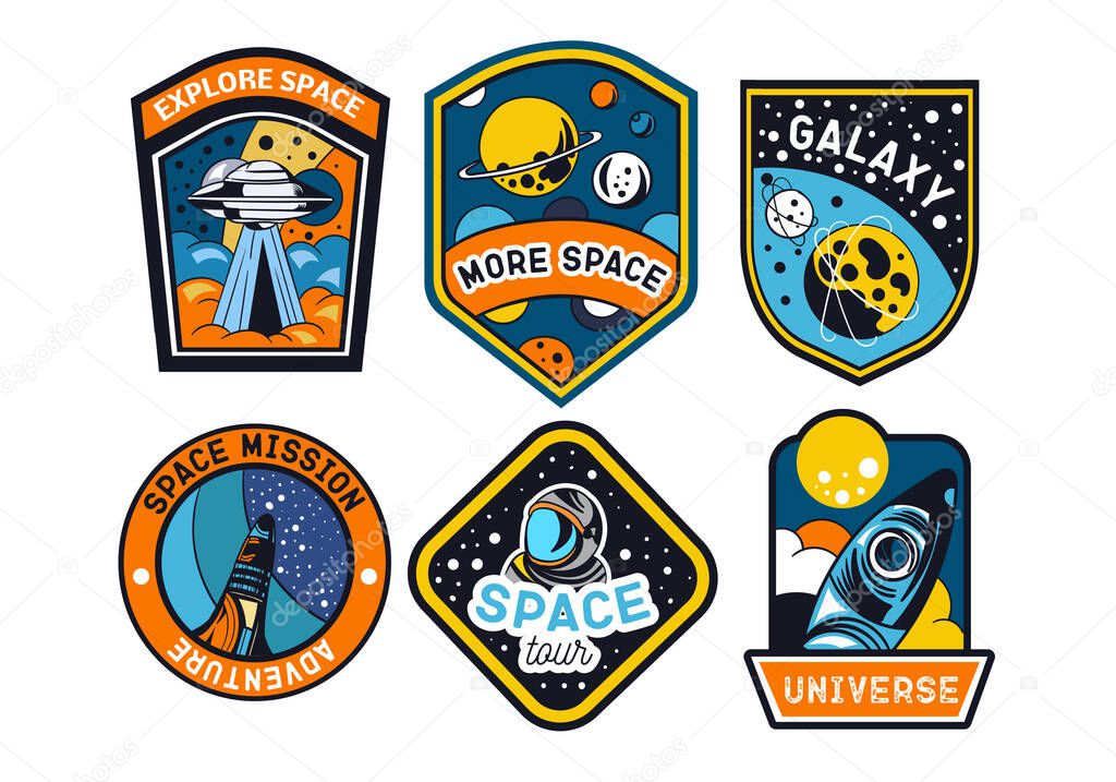 Set of abstract and futuristic space badges, patches, emblems, and labels. Vector illustration
