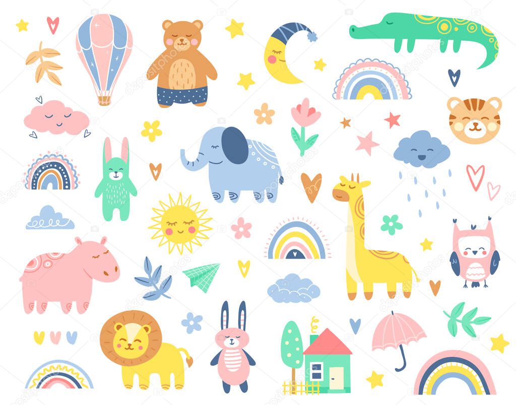 Abstract doodles. Baby animals pattern