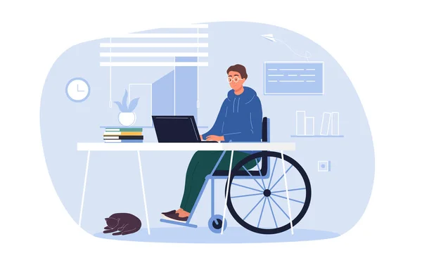 Persona con discapacidad en silla de ruedas que trabaja en un ordenador portátil — Vector de stock