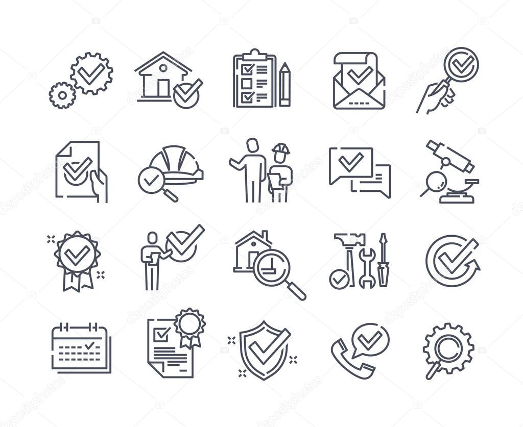Set of inspection related vector line icons.