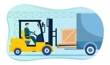 Erkek karakter depoda forkliftle mal yüklüyor