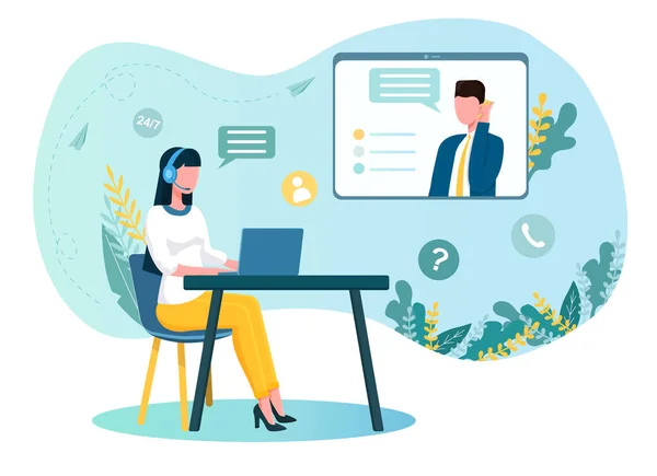 Kadın operatör masada oturmuş, kulaklıkla insanlarla konuşuyor.