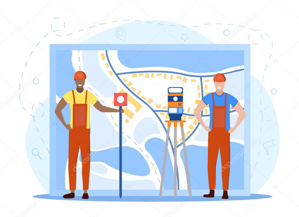 Two male geodesy representatives. Land surveying technology. Equipment for engineering and topography. Men with compass and map. Flat cartoon vector illustration