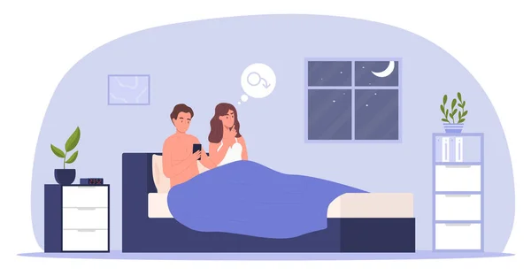 Pasangan berbaring di tempat tidur dan memiliki masalah intim seksual - Stok Vektor