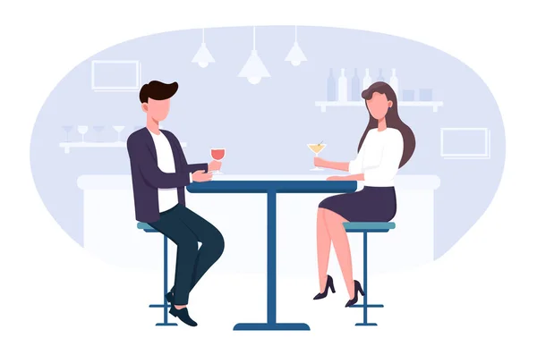 Casal na mesa conversando e bebendo coquetéis no bar —  Vetores de Stock