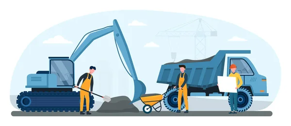 Male workers in yellow overalls remove soil with shovel and wheelbarrow. — Stock Vector