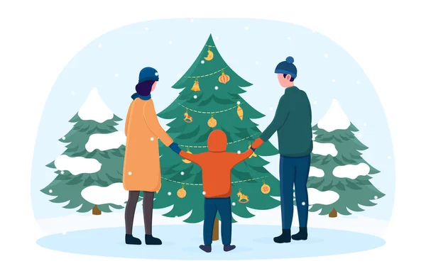 Famille debout près de l'arbre de Noël tenant la main — Image vectorielle