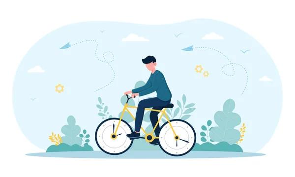 Jeune homme monte le temps vélo avec la nature sur le fond — Image vectorielle