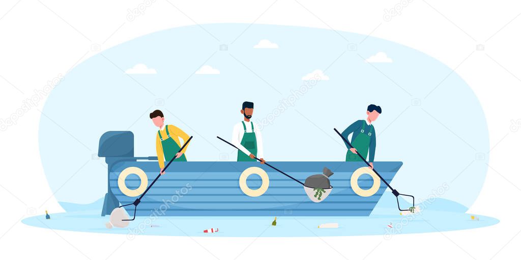 Three male characters in boat cleaning ocean from dirt and plastic garbage