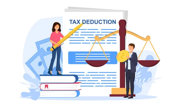 Male and female characters making tax deducation — Stock Vector