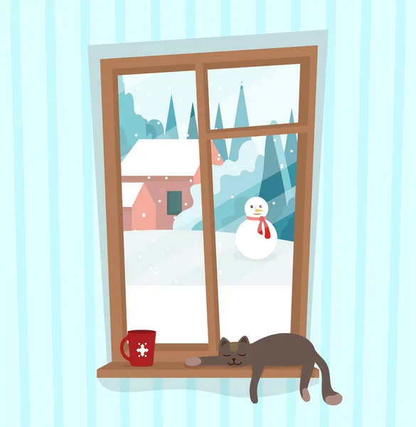 Вікно з зимовим пейзажем зовні зі сніговиком — стоковий вектор