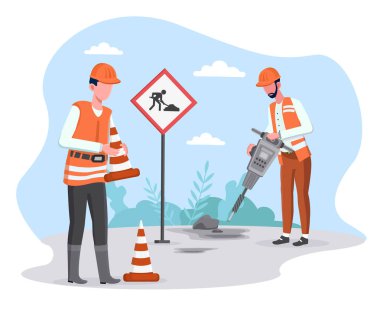 Two male road workers repairing asphalt vector