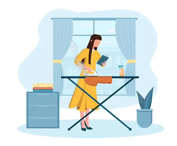 Ama de casa planchando ropa y leyendo un libro en casa — Vector de stock