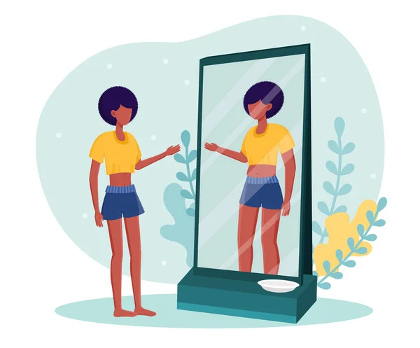 Jeune femme maigre debout devant le miroir avec plaque vide — Image vectorielle