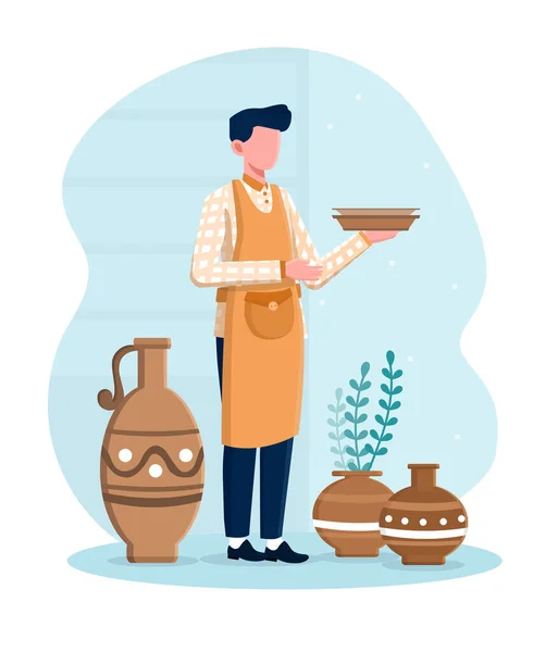 プロの男性陶芸家が工房で作った皿を立って持ち上げる。 — ストックベクタ