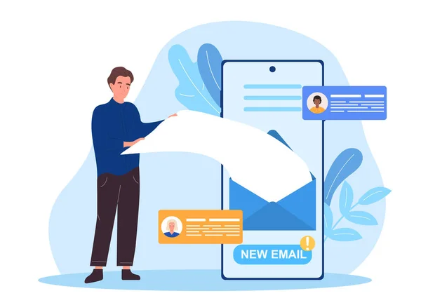 Il personaggio maschile sta ricevendo una nuova email al telefono — Vettoriale Stock