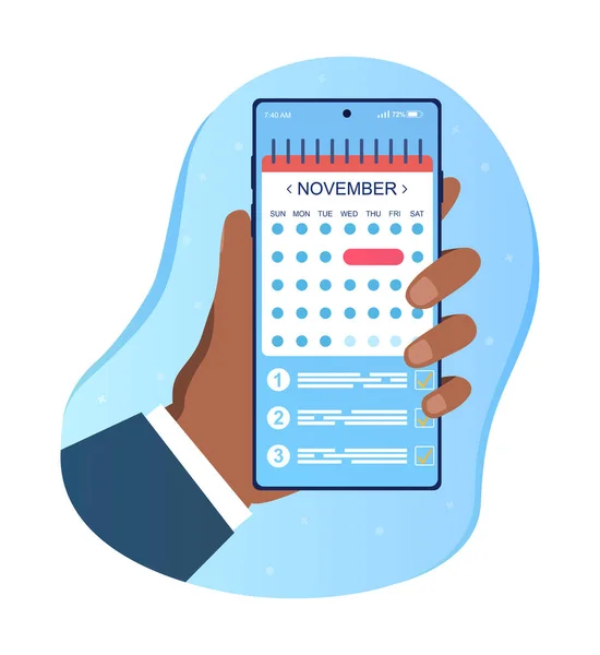 Handhållen smartphone med planerare app på skärmen — Stock vektor