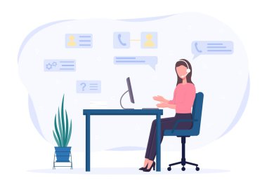 Kulaklıklı kadın karakter telefonda danışmanlık yapıyor.