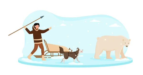 爱斯基摩人穿着传统的衣服在白熊身上打猎 — 图库矢量图片